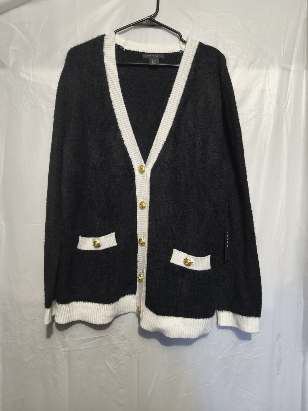 Tahari Black Cardigan with White Trim and Gold Buttons